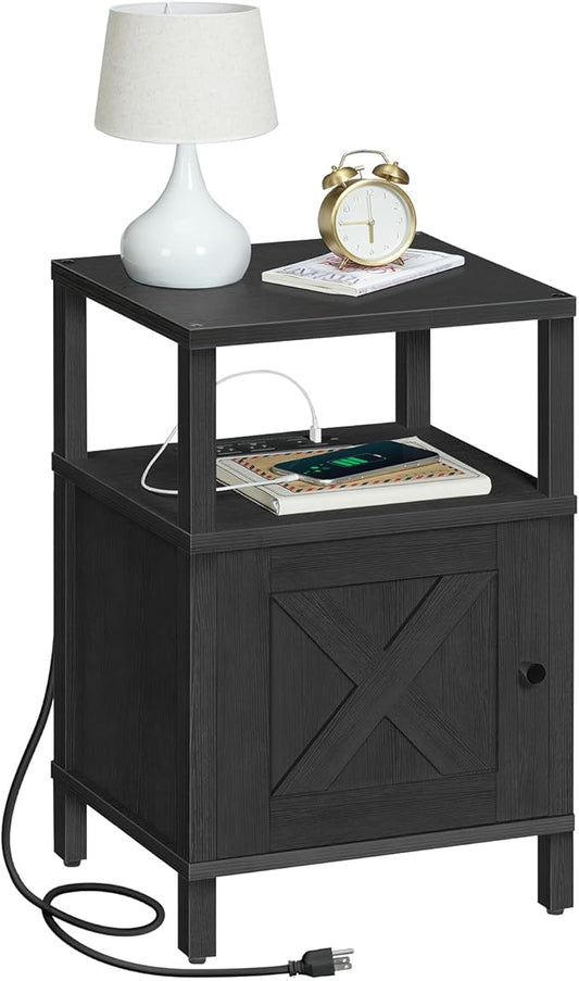 MAHANCRIS Farmhouse Nightstand with Charging Station, Black Bedside Table with USB & Type-C Ports, End Table with Storage and Open Shelf, Modern Side Table for Bedroom, ETBK96E01