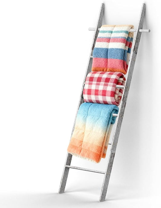 Farmhouse Wooden Blanket Ladder Living Room with Removable Hooks, 6-Tier Blanket Rack Decorative Stand, Leaning Towel Quilt Rack Holder for Bathroom Decor Rustic White
