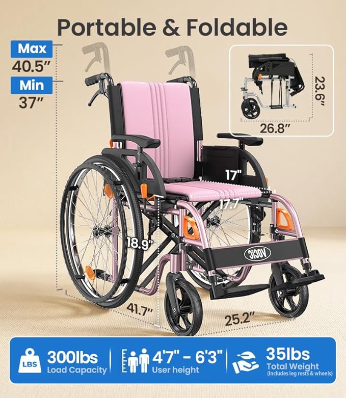 VOCIC Ultra Lightweight Wheelchair for Adults, 23lb Frame Portable Foldable Self-Propelled Wheelchairs for Seniors with Quick Release Wheels, Swing-Away Footrests,Flip-Back Arm, 300 lbs Pink