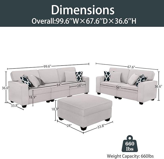 Legend Vansen Oversized Modular Sectional Sofa,U/L‑Shaped Reversible Couch with Ottoman,Deep Seat Plush Polyester Sofa for Living Room,6‑Seater,Light Grey
