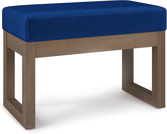 SIMPLIHOME Milltown Small Ottoman Bench - 27" Wide x 18" High Upholstered Velvet Fabric Rectangle Footstool Ottoman in Blue, Contemporary Bench for Bedroom with Cushioned Seat, Assembled