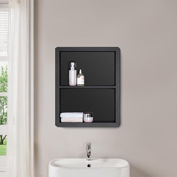 IDYLLOR Shower Niche 14x18, Recessed Medicine Cabinet Without Mirror, 304 Stainless Steel Bathroom Storage Cabinet with Shelf, Waterproof Wall Niche for Bathroom in Matte Black