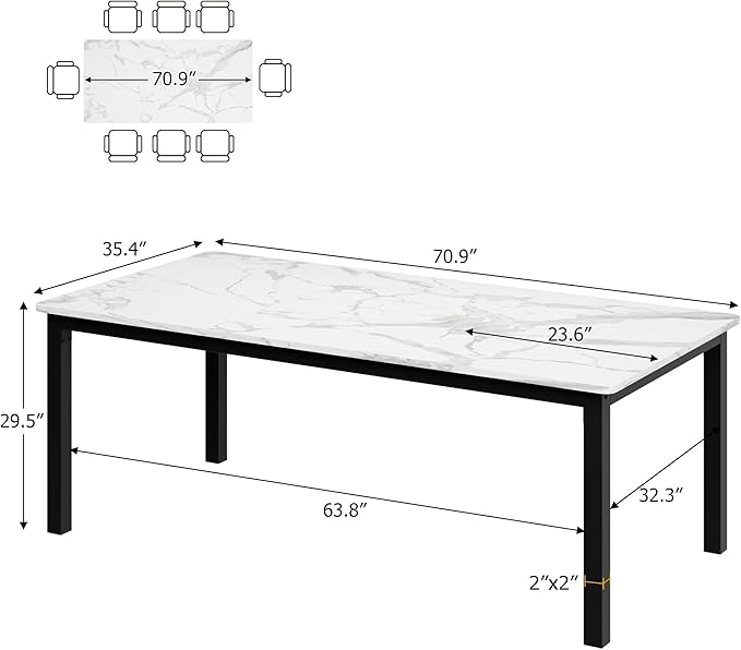 GarveeHome 70.8 in Industrial Dining Table for 6, Wooden Long Dinner Table with Mortise Tenon Design, Kitchen Table with Sturdy Metal Legs, for Dining Room Home Office Living Room, White