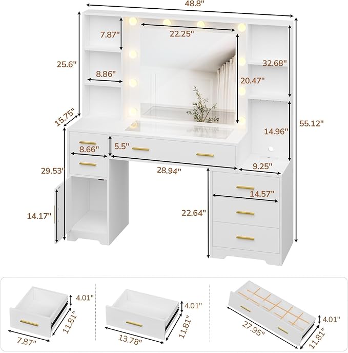 Hasuit 48.8'' Large Vanity Desk with Lighted Mirror & Power Outlet, White Makeup Vanity Table with 6 Drawers, 4 Shelves and 1 Storage Cabinet, Glass Tabletop Bedroom Dressing Table, 3 Lighting Modes