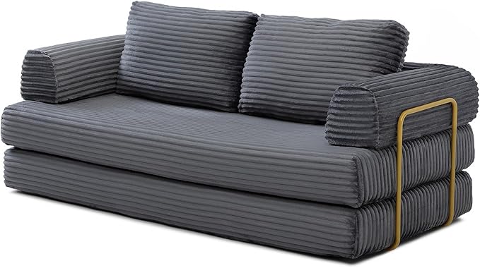 HANXIN 80 Inch Convertible Sleeper Sofa Bed, High Back Plush Corduroy Folding Floor Mattress Couch with Fixed-Shape Frame, Boneless Futon Loveseat with Pull Out Bed, No Assembly Required (Grey)