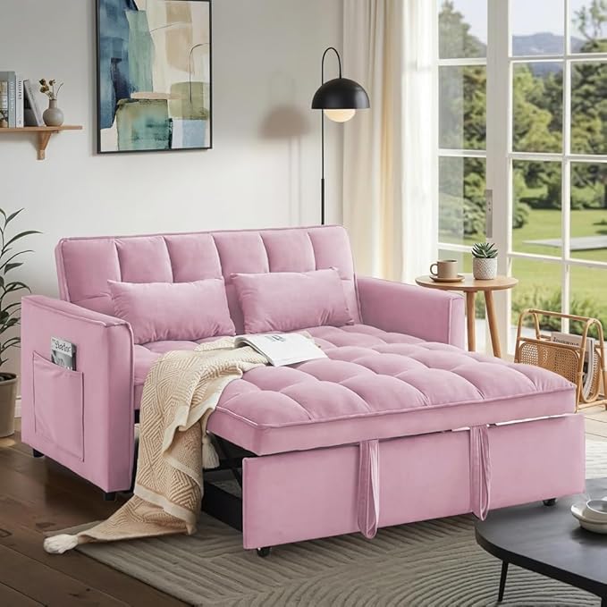 Convertible Sofa Bed, Pull Out Couch with Side Pockets, 3 in 1 Velvet Fabric Loveseat Sleeper Sofa Bed, Pull Out Couch with Adjustable Backrest for Living Room, Bedroom, Apartment, Pink