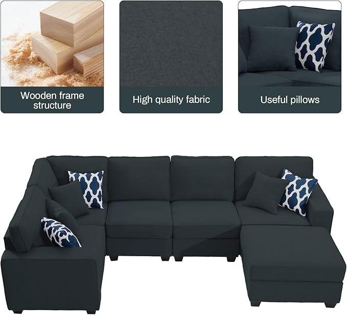 Legend Vansen Oversized Modular Sectional Sofa,U/L‑Shaped Reversible Couch with Ottoman,Deep Seat Plush Polyester Sofa for Living Room,6‑Seater,Charcoal