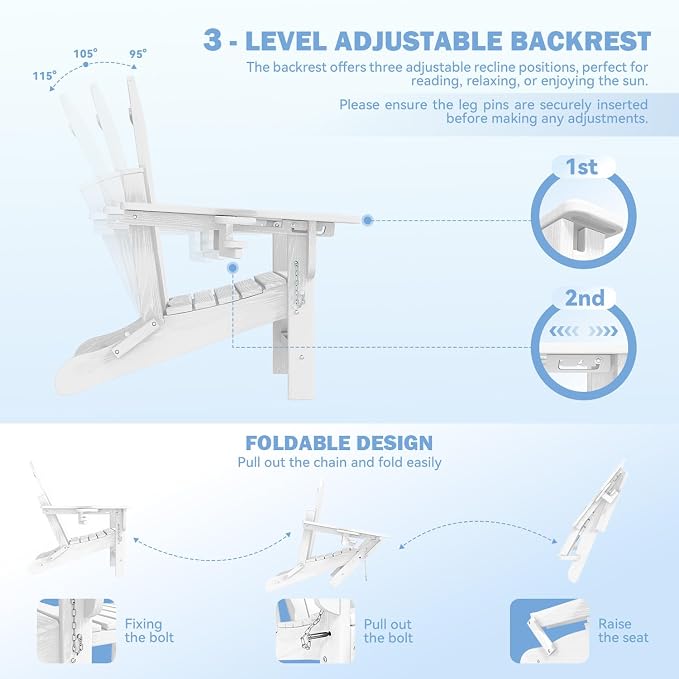 Mdeam 3-Level Adjustable Adirondack Chair with Retractable Ottoman, HDPE All-Weather Folding Fire Pit Chair with 2 Cup Holders, Outdoor Chair for Deck Patio Garden Backyard Lawn (White)