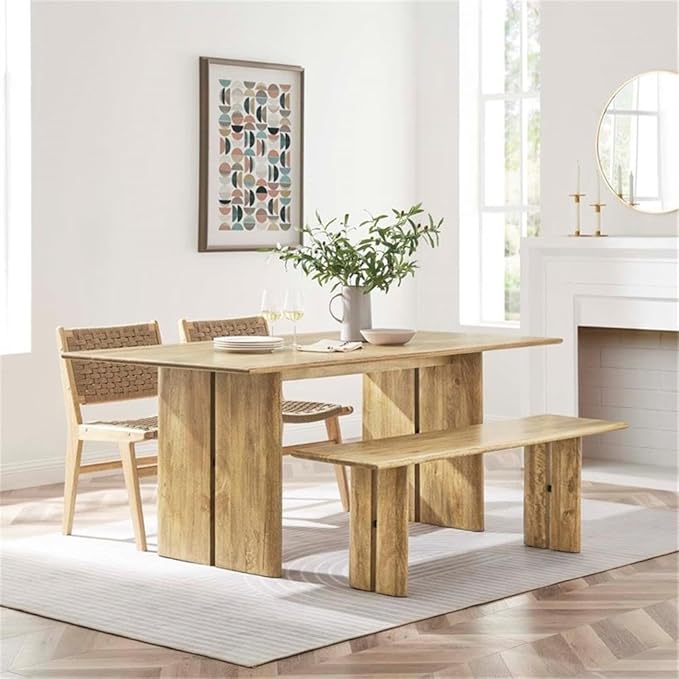 Modway Amistad 72" Solid Wood Modern Farmhouse Rectangular Dining Table and Bench Set in Oak