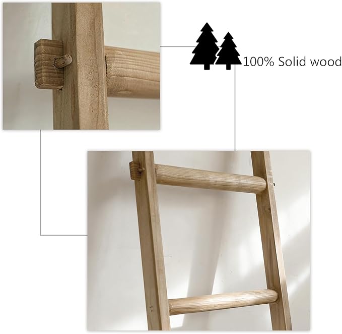 Wooden Blanket Ladder - Natural & Motley Wood - Leaning Wall Decor for Bedroom, Bathroom, Living Room - Rustic Quilt Holder & Towel Rack (Brown, 76in（6-Tier）)