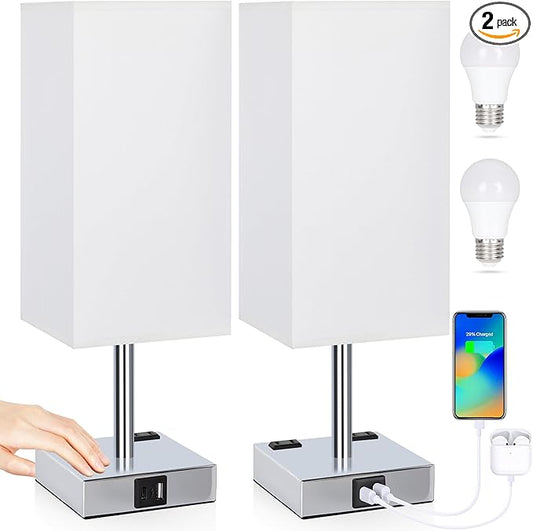 Set of 2 Bedside Table Lamp 3 Way Dimmable Nightstand Lamp with USB C & USB A Charging Port, 2 AC Outlets, 3000K LED Bulbs (White)