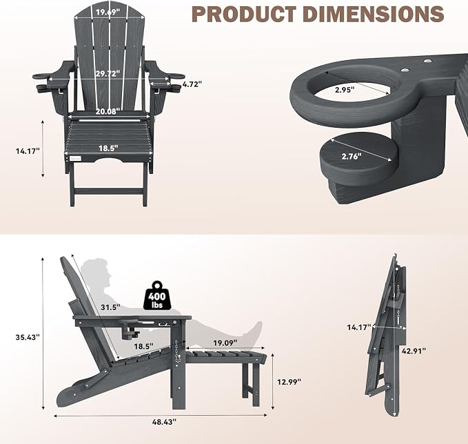 Mdeam 3-Level Adjustable Adirondack Chair with Retractable Ottoman, HDPE All-Weather Folding Fire Pit Chair with 2 Cup Holders, Outdoor Chair for Deck Patio Garden Backyard Lawn (Grey)