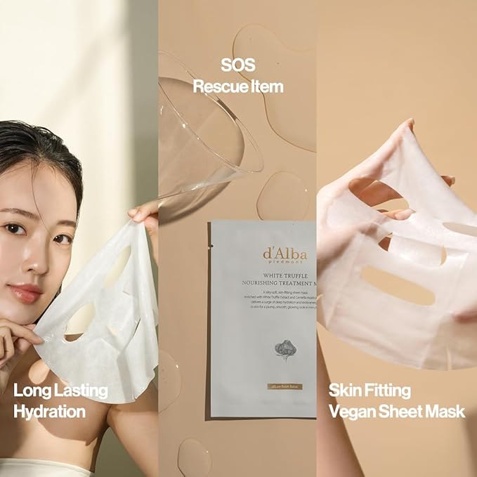 d'alba Piedmont Italian White Truffle Nourishing Mask 10pcs, Vegan Skincare, Nourishing Sheet Mask for Dry and Tired Skin, Deep Hydration, Korean Skin Care (5pcs x 2)
