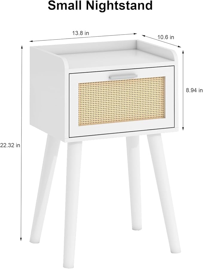 LAATOOREE Nightstand Set of 2, Small White Bedside Table, End Table with Rattan Door, Boho Side Table with Solid Wood Legs for Bedroom Living Room Small Space