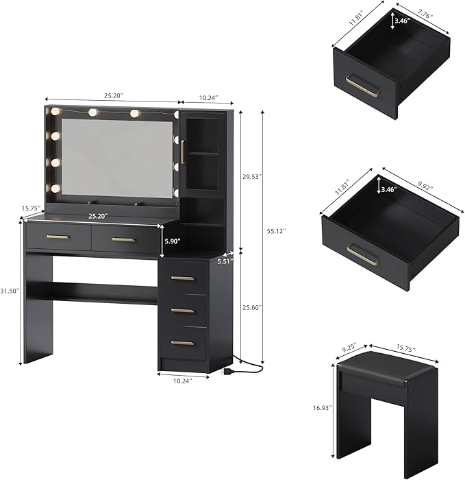 TOKSOM Makeup Vanity with Lights & Charging Station, Black Vanity Table with 5 Drawers & Open Storage Shelves, Bedroom Makeup Dressing Table Set for Women Girls Golden Handles