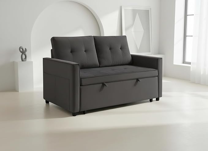Sofa Bed, Pull Out Couch with Side Pockets, 3 in 1 Velvet Fabric Loveseat Sleeper Sofa Bed, Pull Out Couch with Adjustable Backrest for Living Room, Bedroom, Apartment, Gray, 53 Inch