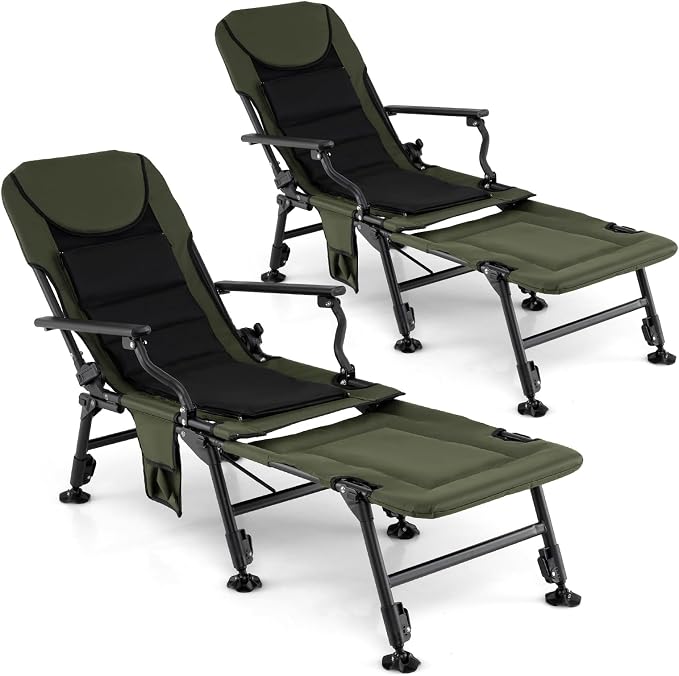 Goplus Foldable Fishing Chair for Adults, 2 Pack Heavy Duty All-Terrain Camping Chair with Detachable Footrest, Padded High-Back, Adjustable Feet, Portable Recliner for Outdoor Patio Beach