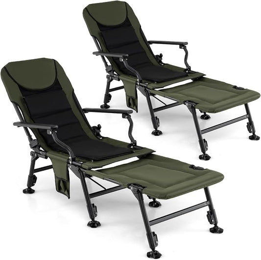 Goplus Foldable Fishing Chair for Adults, 2 Pack Heavy Duty All-Terrain Camping Chair with Detachable Footrest, Padded High-Back, Adjustable Feet, Portable Recliner for Outdoor Patio Beach