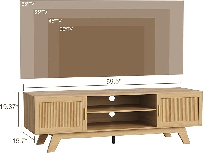 ChooChoo 59.5" Fluted TV Stands for 65 Inch TV, Mid Century Modern Entertainment Center with Storage and Adjustable Shelf, Long TV Console Media Table for Living Room, Bedroom, Natural Oak