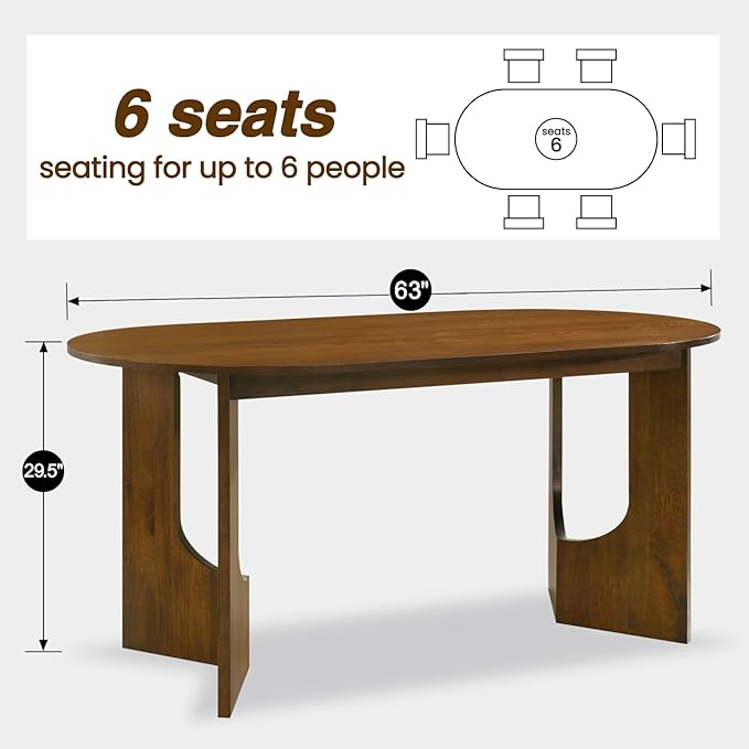VESCASA 63" L Walnut Wood Oval Dining Table for 6, Solid Wood Kitchen Table with Wooden Legs for Dining Room, Restaurant