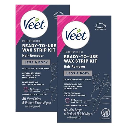 Veetシュガーワックスストリップ 脱毛 女性用ビキニヘアリムーバルキット 陰部用 敏感肌用 敏感な部位にも使える ダーマトロジーテスト済み シアバター配合ワックスストリップ40枚 拭き取りシート4枚 (2個パック)