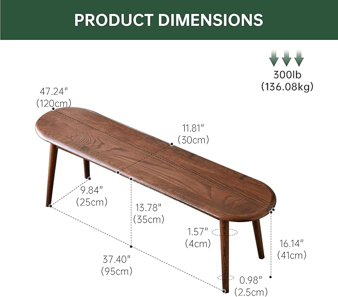 100% Solid Oak Wood Dining Bench, 47.2'' Entryway Bench Ottoman with Rounding Corner Design for Kitchen Living Room Bedroom, Walnut