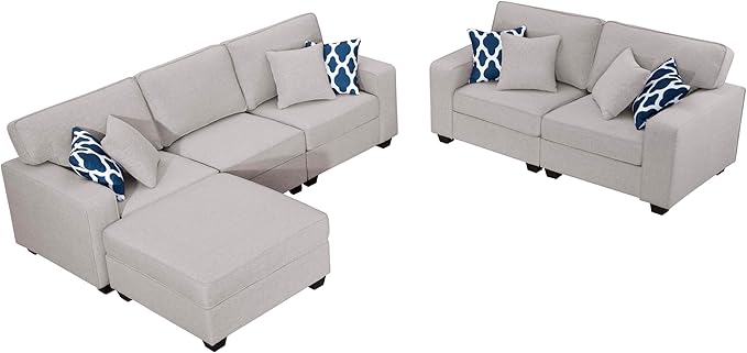 Legend Vansen Oversized Modular Sectional Sofa,U/L‑Shaped Reversible Couch with Ottoman,Deep Seat Plush Polyester Sofa for Living Room,6‑Seater,Light Grey