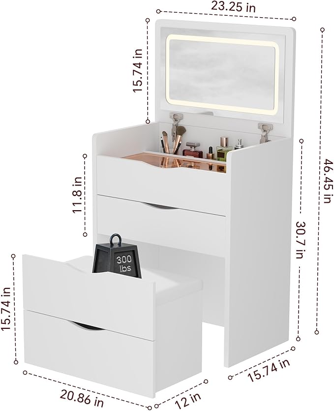 Mr IRONSTONE Compact Vanity Desk with Mirror and Lights, Hidden Makeup Vanity Cabinet with Storage Drawers & Shelves, Small Vanity Table for Bedroom, Flip Top Vanity for Small Spaces, White