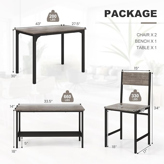 Giantex Dining Table Set for 4, Kitchen Table with Bench and Chairs, Industrial Gathering Bench Dining Set W/Metal Frame & Storage Rack, Dinette Set, Modern Functional Desk Set (Grey)