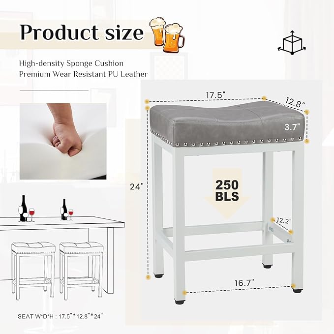 Sweetcrispy 24 inch Bar Stools Set of 6, Upholstered Modern Counter Height Bar Stools for Kitchen Island Modern PU Leather Sadless Stools Chair with Metal Base and Footrest,Grey