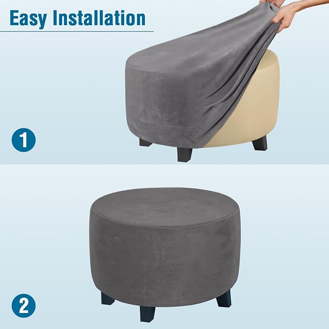 H.VERSAILTEX Round Ottoman Slipcover Ottoman Covers Slipcover Footstool Protector Covers Storage Stool Ottoman Covers Stretch with Elastic Bottom, Feature Real Velvet Plush Fabric (Medium, Gray)