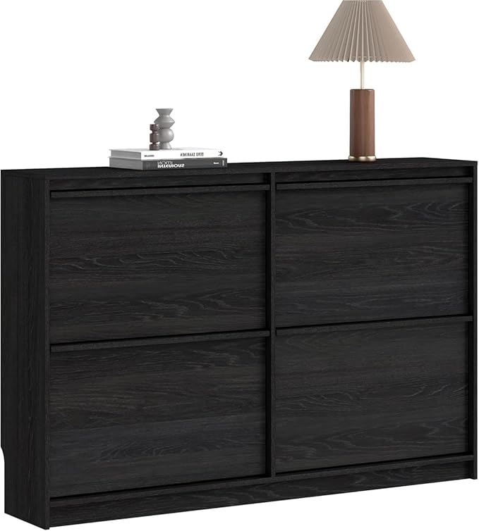 Shoe Storage Cabinet for Entryway with 4 Flip Drawers, Wooden Shoe Organizer Cabinet with Adjustable Shelf, Slim Freestanding Shoe Rack for Entryway, Hallway, Living Room, Black