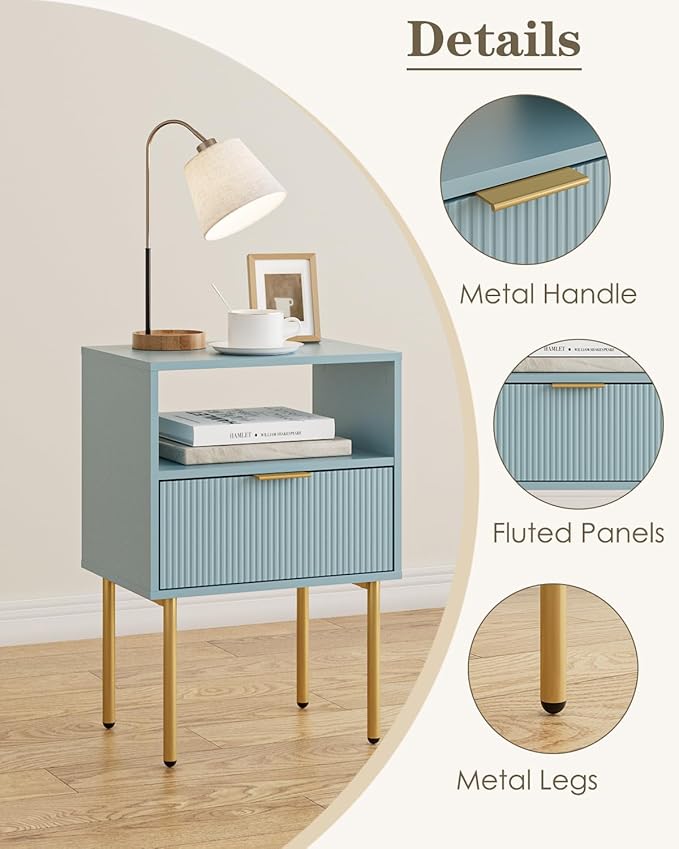 Aienvey Night Stand, Modern Nightstand with Drawers, Bedside Table, Gold Small Side Table for Bedroom, Living Room End Table (Blue Stripe, 1 Drawer)