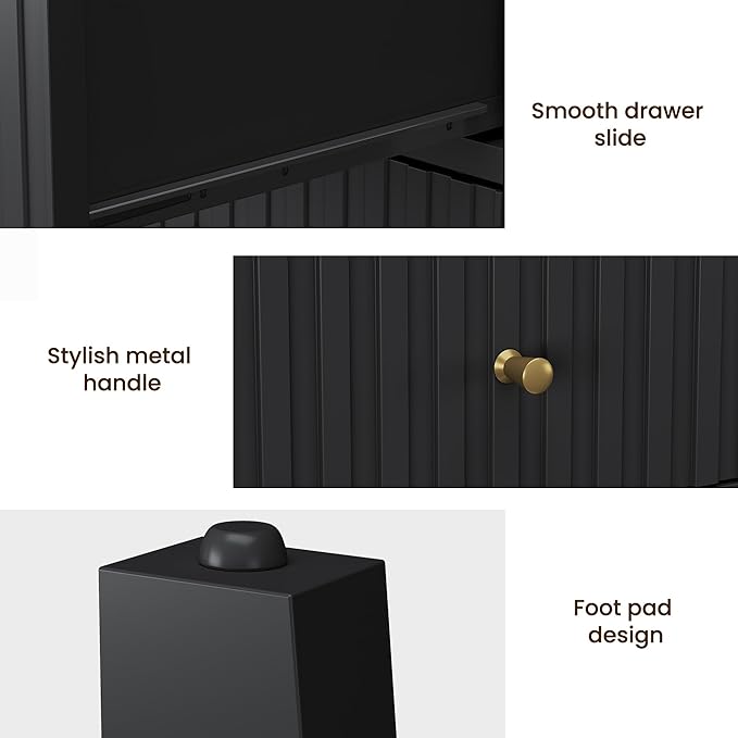 RoyalCraft Black Fluted Nightstand Set of 2, Colorful Nightstand with 2 Drawers, Modern Wooden End Table with Storage for Small Spaces, Side Table for Bedroom, Couch, Home Office