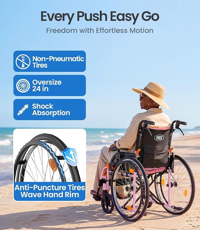 VOCIC Ultra Lightweight Wheelchair for Adults, 23lb Frame Portable Foldable Self-Propelled Wheelchairs for Seniors with Quick Release Wheels, Swing-Away Footrests,Flip-Back Arm, 300 lbs Pink