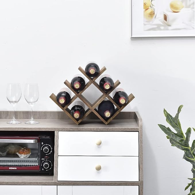 KIRIGEN Wooden 8-Bottle Wine Rack, 3-Tier Countertop Wine Bottle Holder for Cabinets, Bar Cart, Kitchen Counter, Pantry, Dining Room, 16.73 x 5.9 x 11.14 in, XHJJ3-DBR