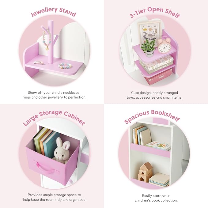 Kids Vanity with Lights and Chair, Princess Makeup Vanity Desk with Mirror Bookshelf Storage Cabinet,3 in 1 Toddler Vanity Table,Children Makeup Dressing Table,Pretend Play Vanity Set for Little Girl