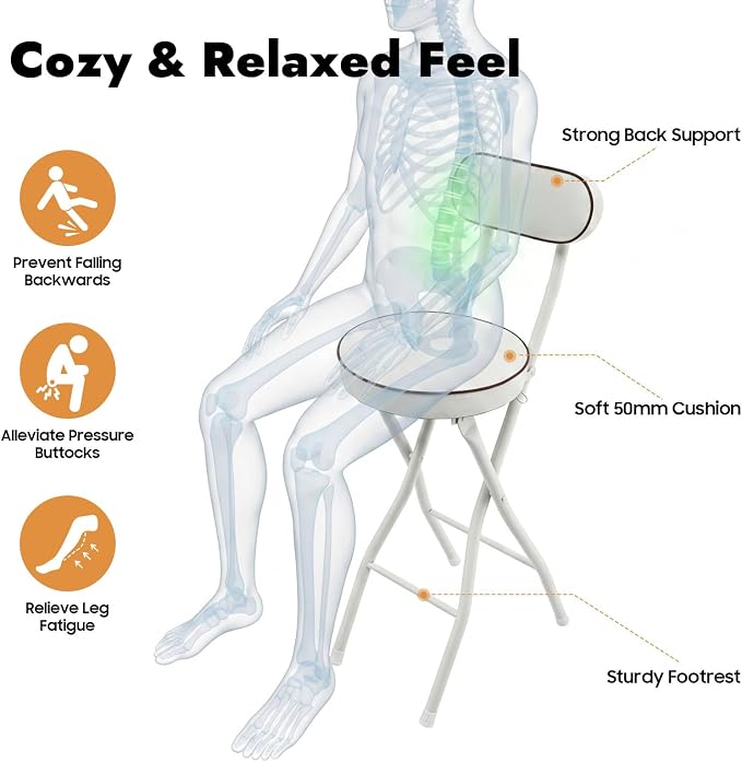 2 PCS Folding Stool with Back 38.5 inch Tall Foldable Stool with Cushioned Padded Folding Bar Stools Metal Portable Chair Stools for Outdoor Indoor Kitchen Shop Cafe Garden Camping (White)