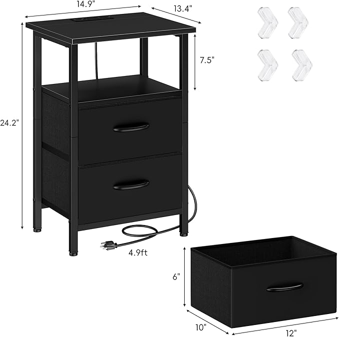 Vagusicc Nightstands Set of 2, Bedside Tables with Charging Station & LED Lights, Black Night Stands with 2 Fabric Drawers, End Table with Storage Shelf, 24.2" Tall Bed Side Table Set of 2 for bedroom