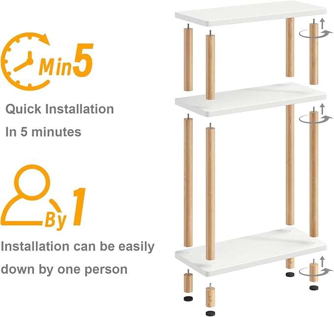 Apicizon 3 Tier End Table, Narrow Side Table with Storage Shelf, Bedroom, Living Room, Entryway, Farmhouse, White and Natural