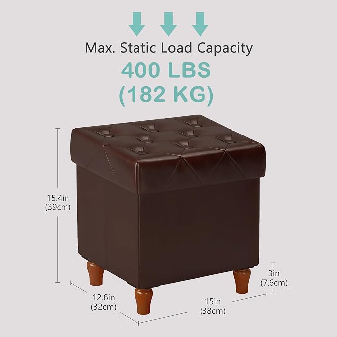 CAROLMADE Folding Storage Ottoman Cube PU Leather Footstool with Wood Legs Ottoman Footrest for Living Room and Bedroom Brown, 15x12.6 x 15.4”