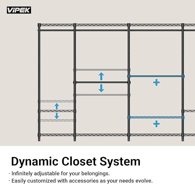 VIPEK V5 Medium Portable Closet Wardrobe Heavy Duty Clothes Rack, Freestanding Closet Metal Clothing Rack with 4 Hang Rods & 8 Shelves, Adjustable Custom Closet Rack, 56.7" Lx15.7 Wx76.4 H, Black