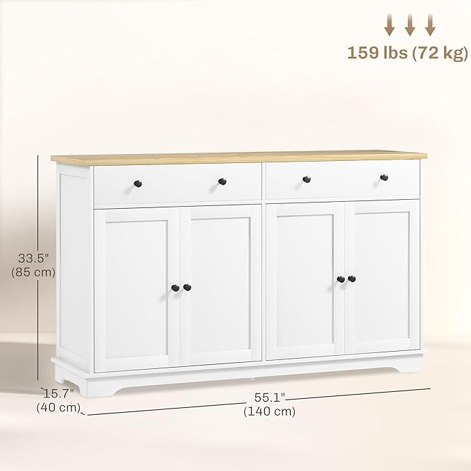 HOMCOM Sideboard Buffet Cabinet with Storage, 55" Modern Kitchen Cabinet with 4 Doors, 2 Drawers and 2 Adjustable Shelves, Coffee Bar Cabinet, White