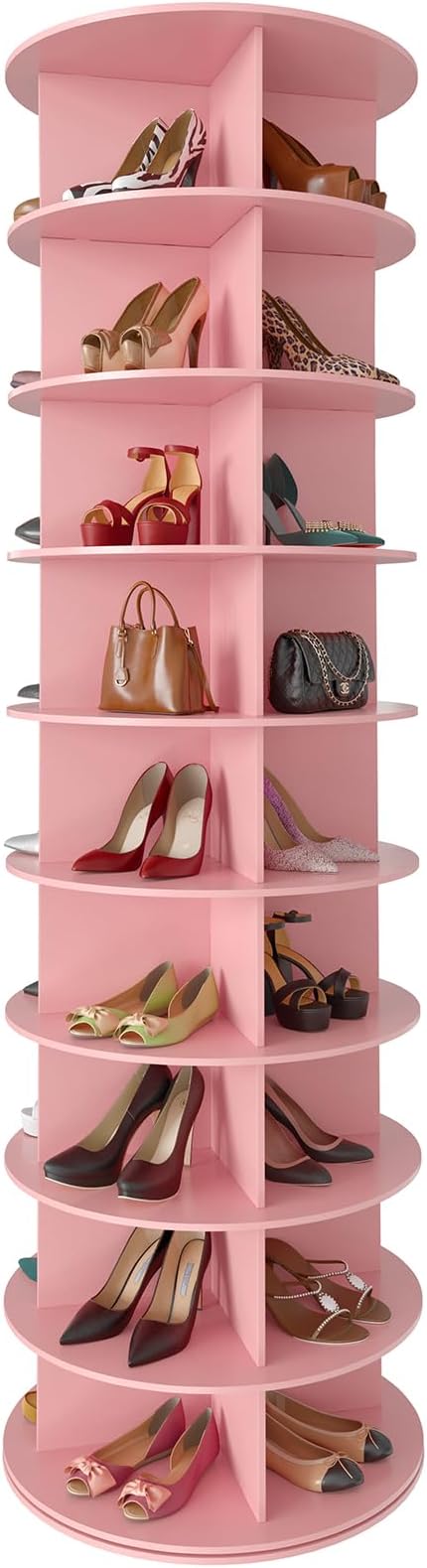 SpaceAid 9 Tier Rotating Shoe Rack Tower, Spinning Shoe Display Lazy Susan, Revolving 360 Shoe Rack Storage Round Carousel, Vertical Handbag Rotate Shoes Closet Organization (9-Tier Pink)