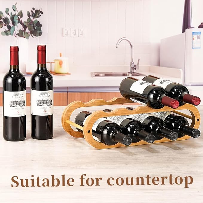 Navtcow Wine Rack and Water Bottle Organizer 2 in 1 for Cabinet and Countertop - Adjustable in 2 Sizes (Bamboo 2 Tier)