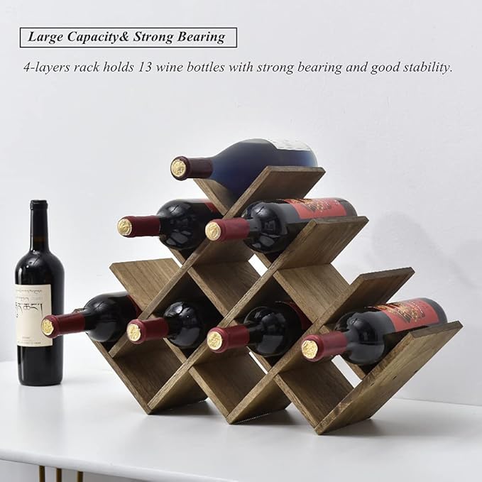 KIRIGEN 13-Bottle Wine Rack, 4-Tier Solid Wood Countertop Wine Holder, Brown Freestanding Bottle Storage Shelf for Kitchen, Bar, Cabinet, Pantry, XHJJ4-DBR