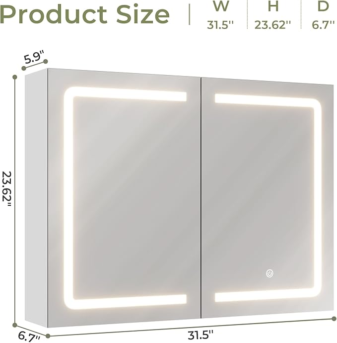 DICTAC Medicine Cabinet with Mirrors and Storage 31.5''x23.6'' Wall Mounted Bathroom Mirror Cabinets with Led Lights Double Doors Mirror Lighted Medicine Cabinets with Adjustable Storage Shelf,White