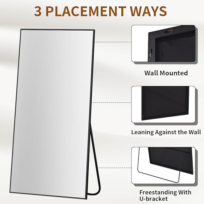 VooBang Oversized Full Length Mirror, 86" x 40" Floor Mirror with Stand, Aluminum Alloy Frame Full Body Mirror, Standing Hanging or Leaning Against Wall Bedroom Living Room, Black