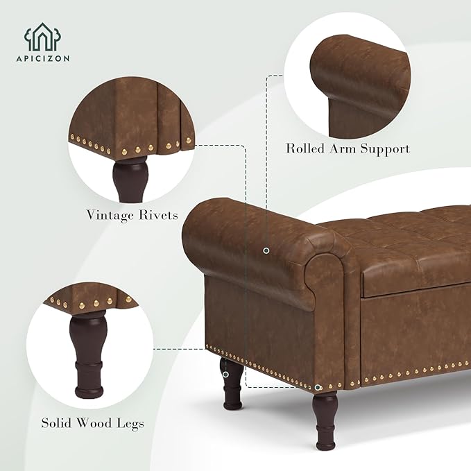 Apicizon 51” Bench with Storage, Upholstered Tufted Button Bedroom Bench with Storage, Faux Leather Ottoman Bench for Bedroom, Living Room, Entryway, Yellow Brown