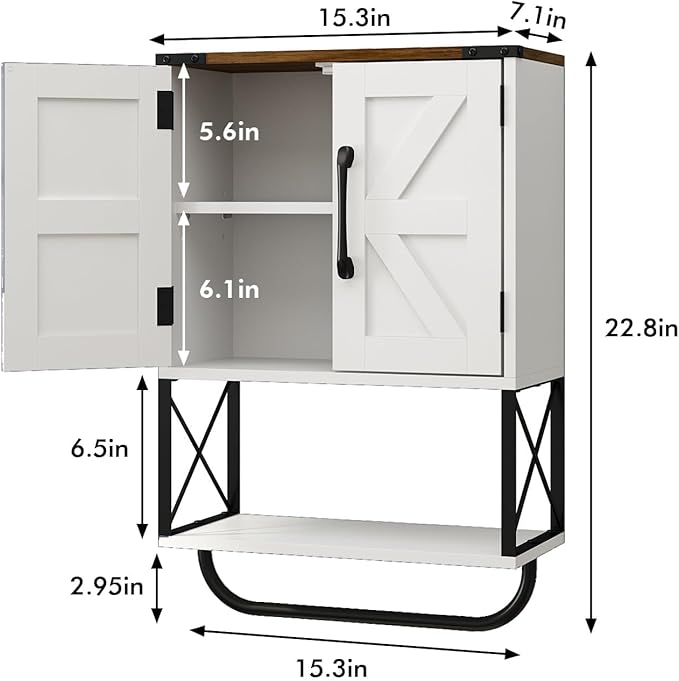 RUSTOWN Farmhouse Rustic Medicine Cabinet with Two Barn Door,Wood Wall Mounted Storage Cabinet w/Dark Brown Top & Adjustable Shelf and Towel Bar, 3-Tier Cabinet for Bathroom(White)